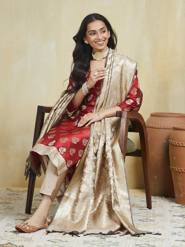 Creamy Maroon Unstitched Suit Set