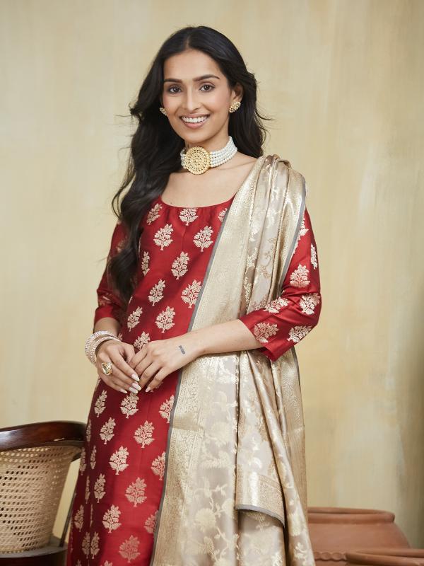 Creamy Maroon Unstitched Suit Set