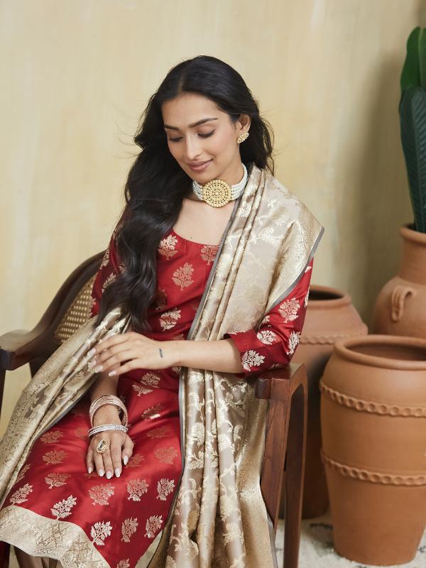 Creamy Maroon Unstitched Suit Set