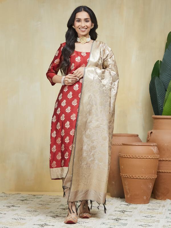 Creamy Maroon Unstitched Suit Set