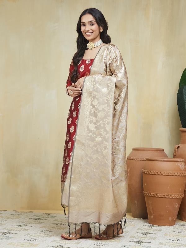 Creamy Maroon Unstitched Suit Set