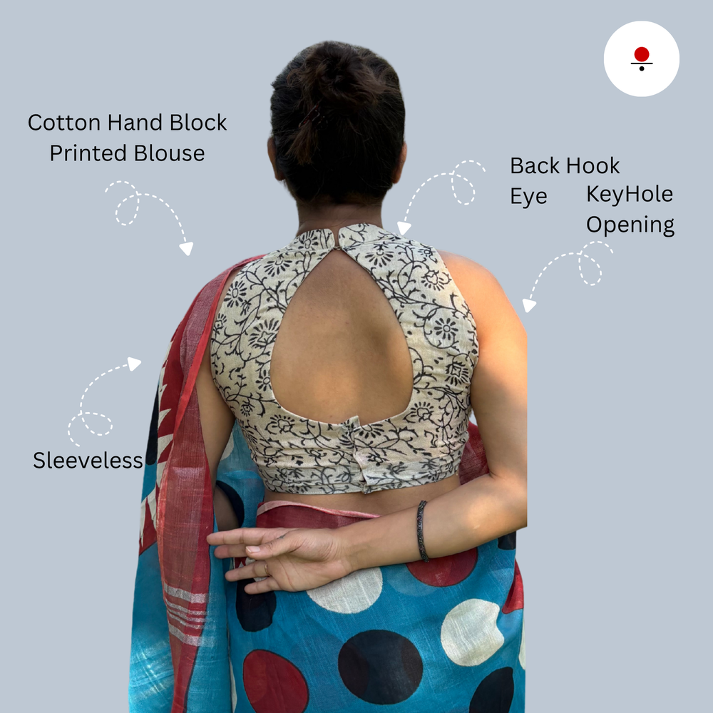 Blue Polka Linen Hand Block Printed Saree