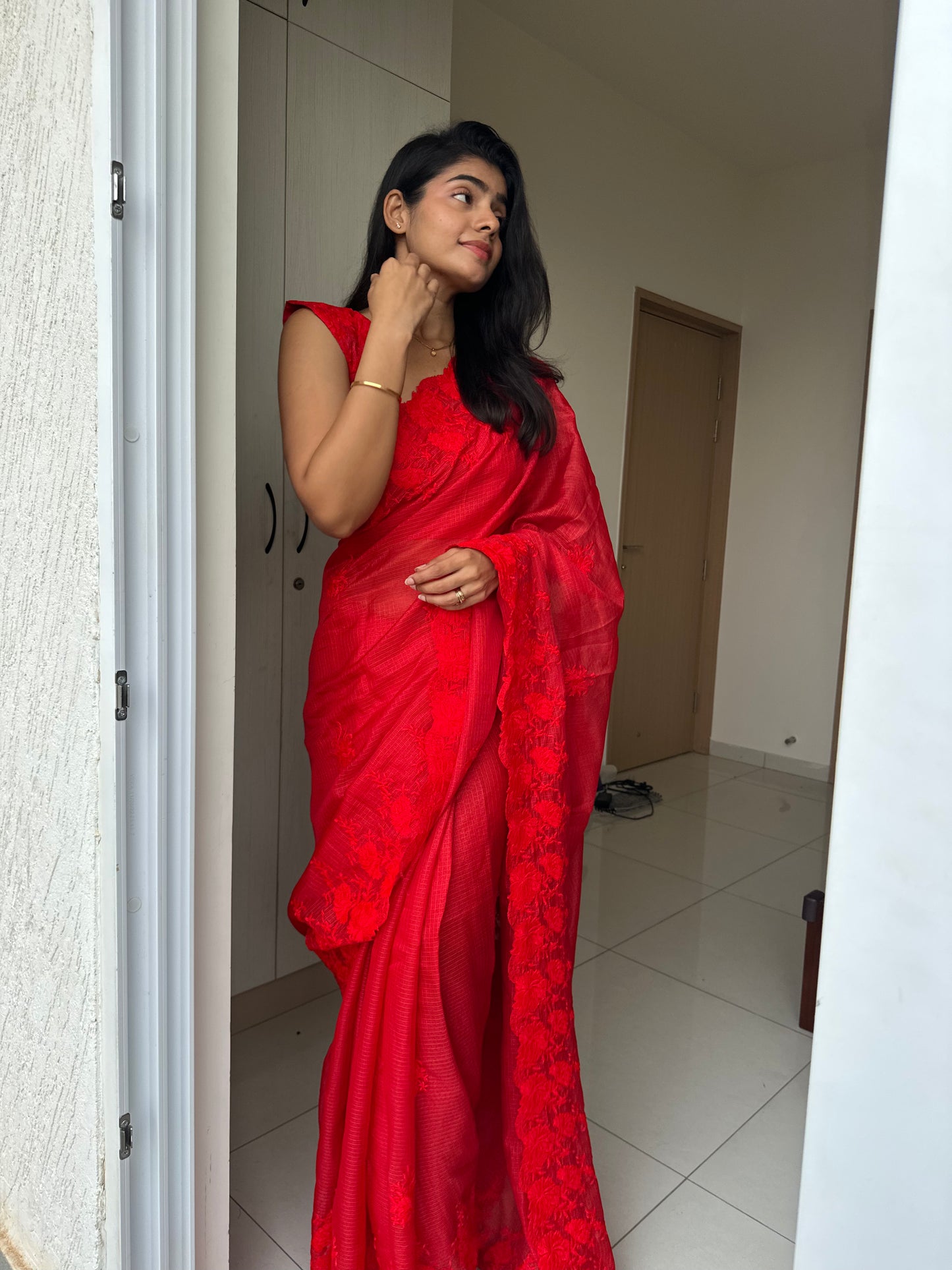 Taniya Cutwork Red Saree