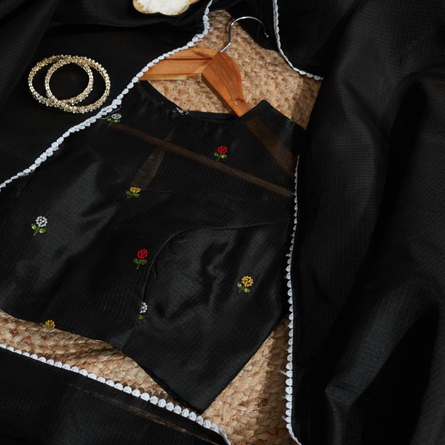 Black Flower Kota Saree