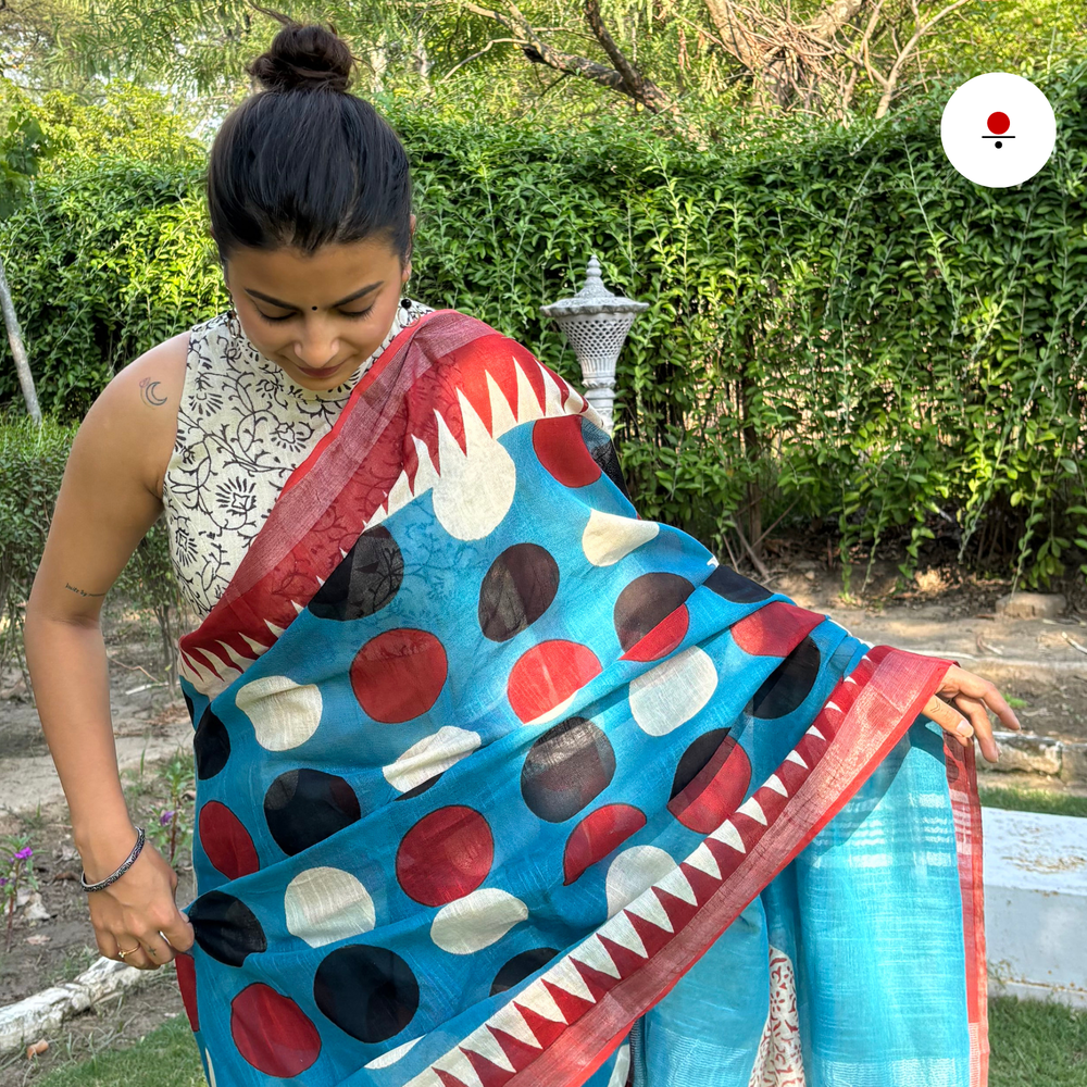 Blue Polka Linen Hand Block Printed Saree