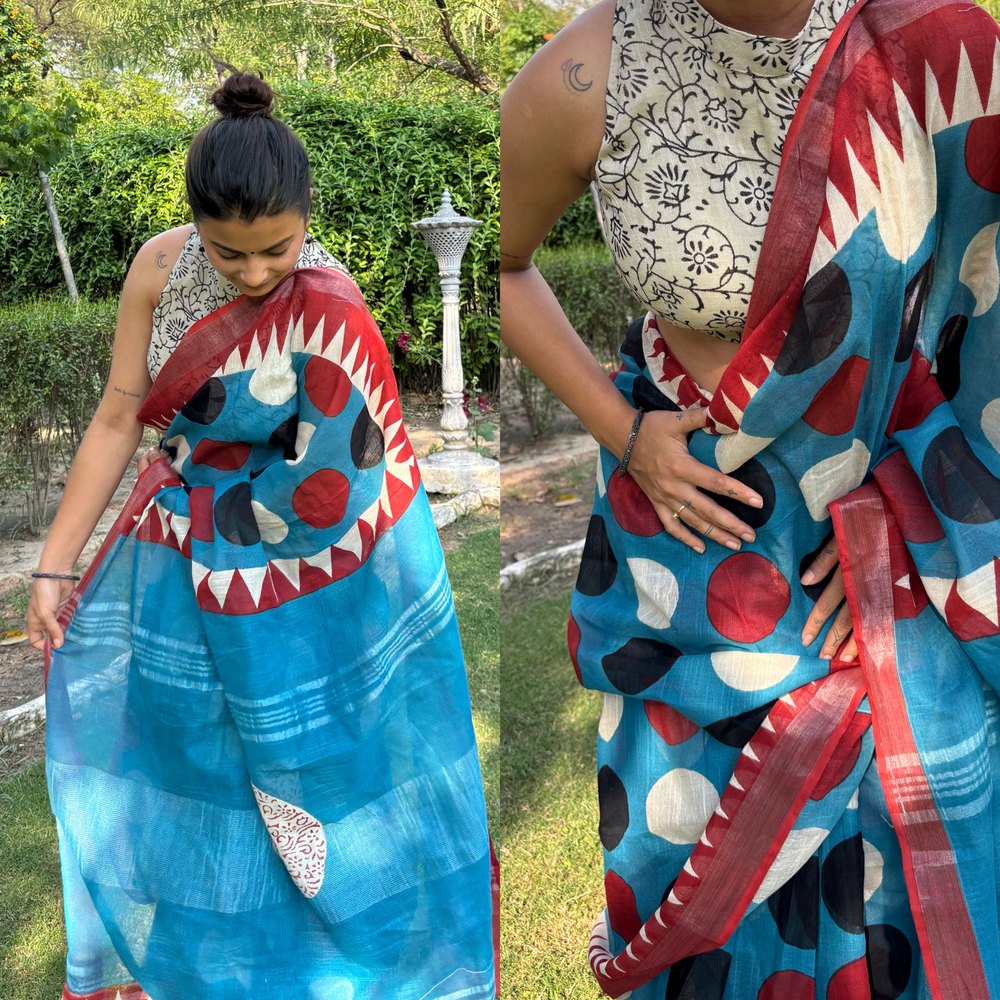 Blue Polka Linen Hand Block Printed Saree