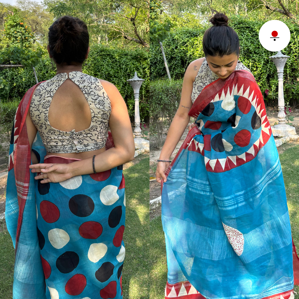 Blue Polka Linen Hand Block Printed Saree