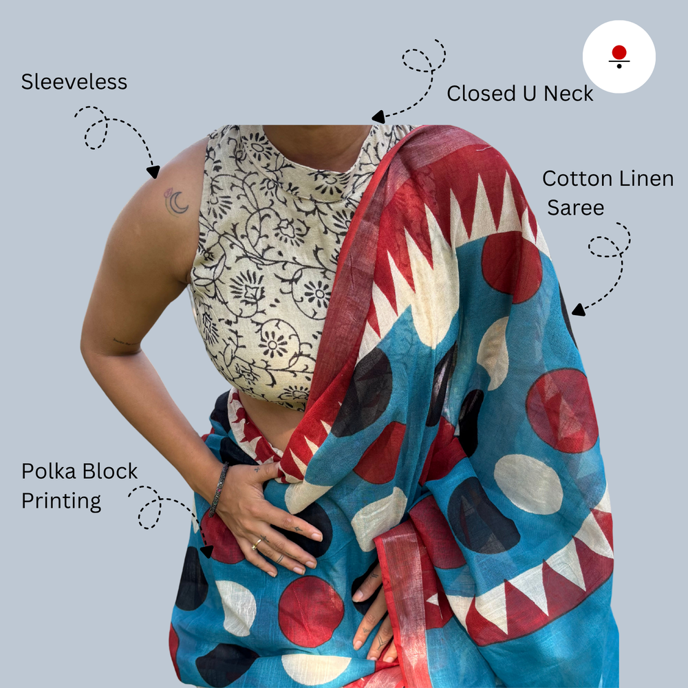 Blue Polka Linen Hand Block Printed Saree
