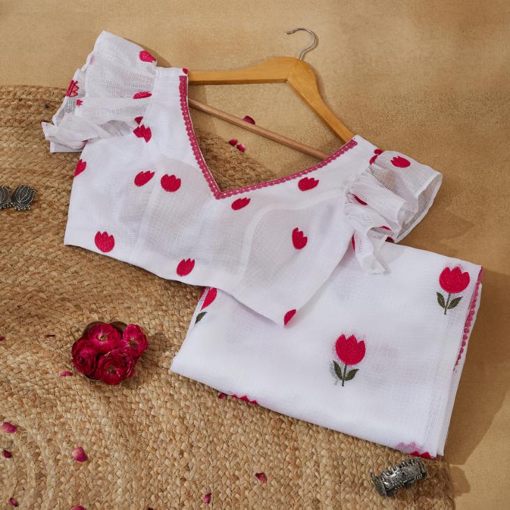 Love Pink White Kota Saree