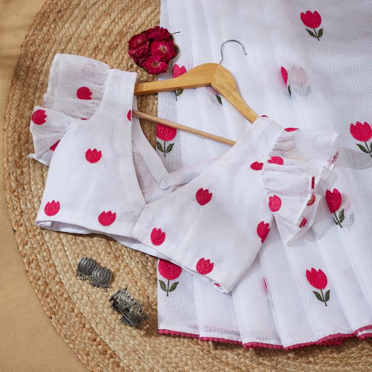 Love Pink White Kota Saree