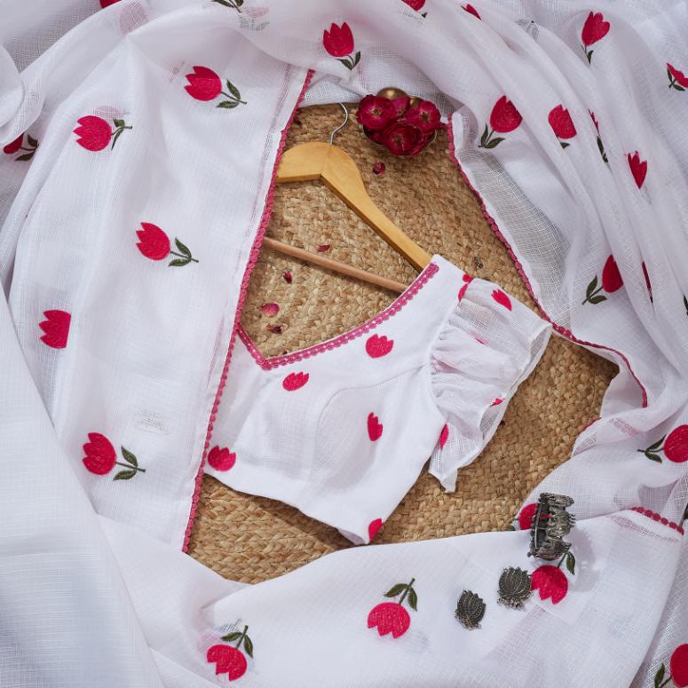 Love Pink White Kota Saree