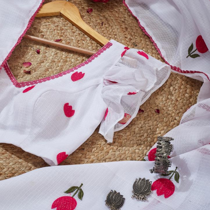 Love Pink White Kota Saree