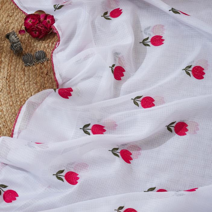 Love Pink White Kota Saree