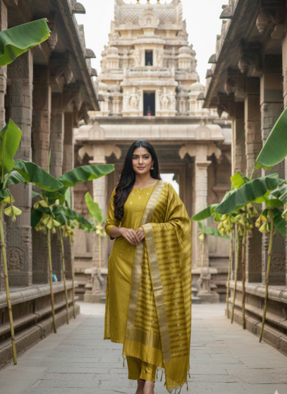Yellow Amber Banarsi Silk Unstitched Suit