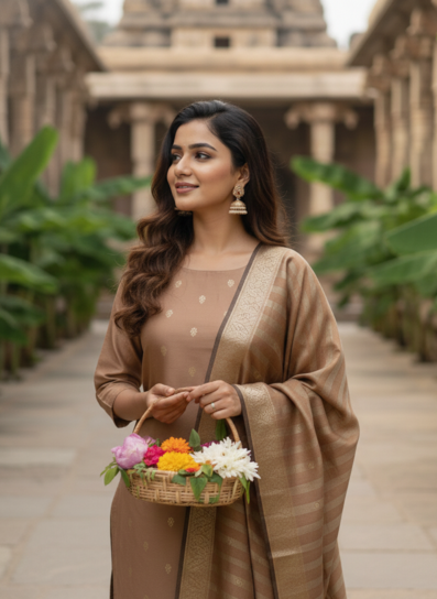 Soft Choco Banarsi Silk Unstitched Suit