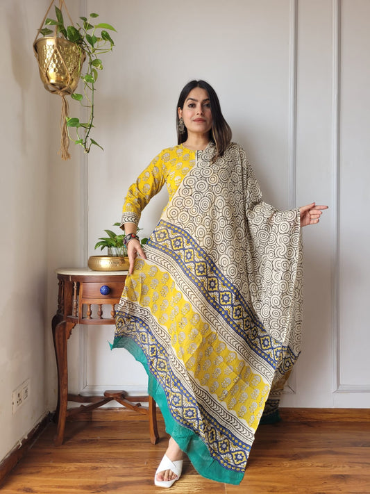 Lime Mul Cotton Block Printed Stitched Suit Set