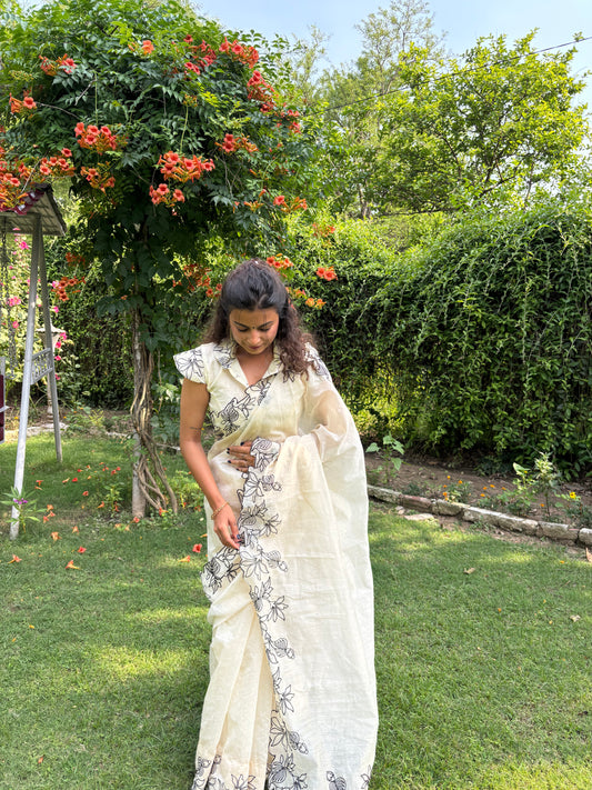 Creamy Pie Cotton Chanderi Embroidered Saree
