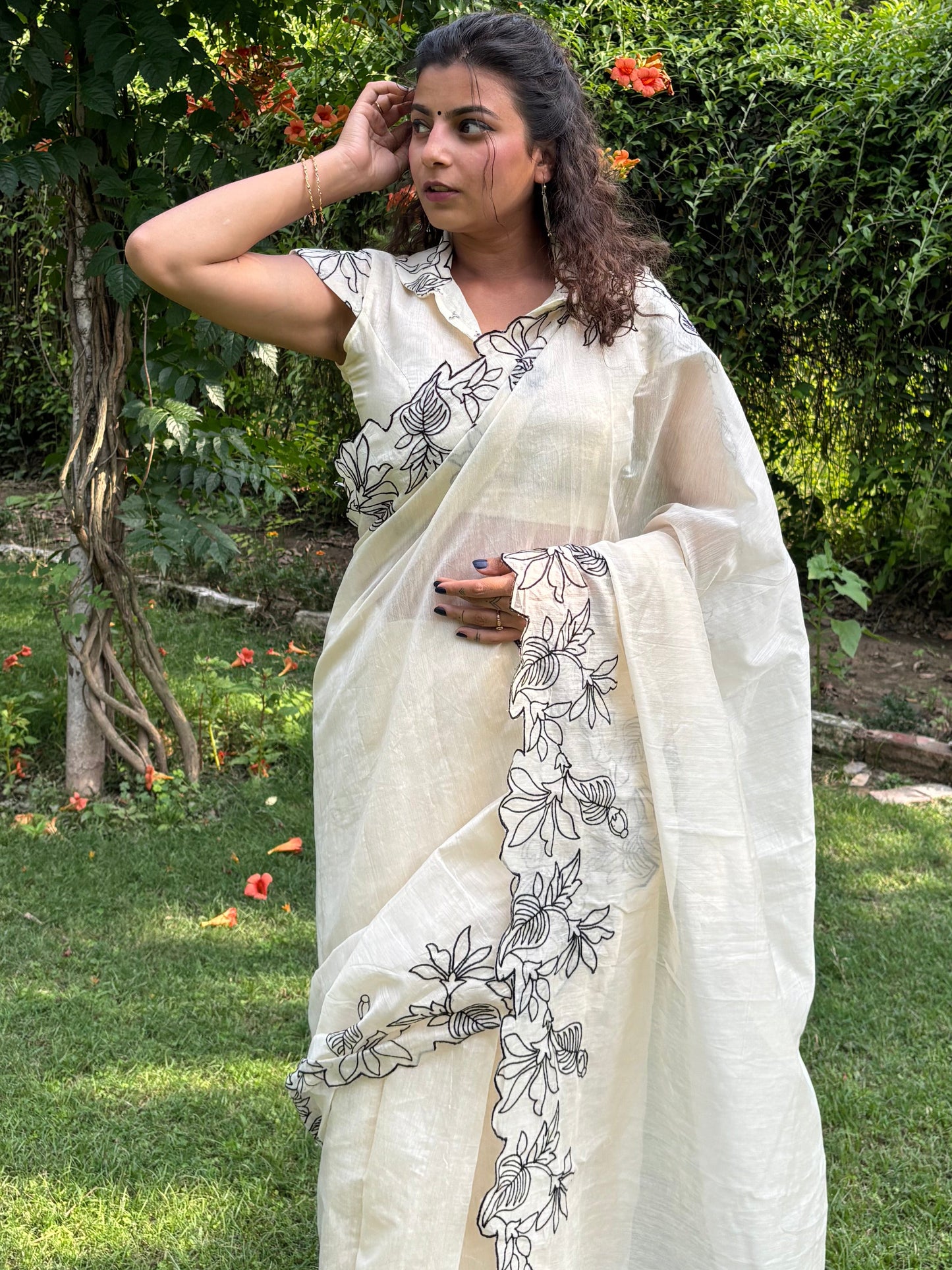 Creamy Pie Cotton Chanderi Embroidered Saree