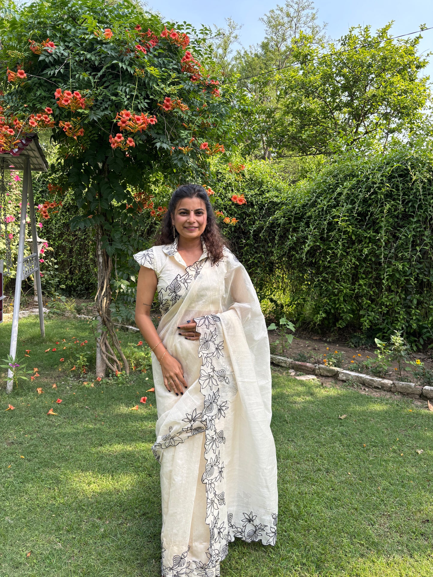 Creamy Pie Cotton Chanderi Embroidered Saree
