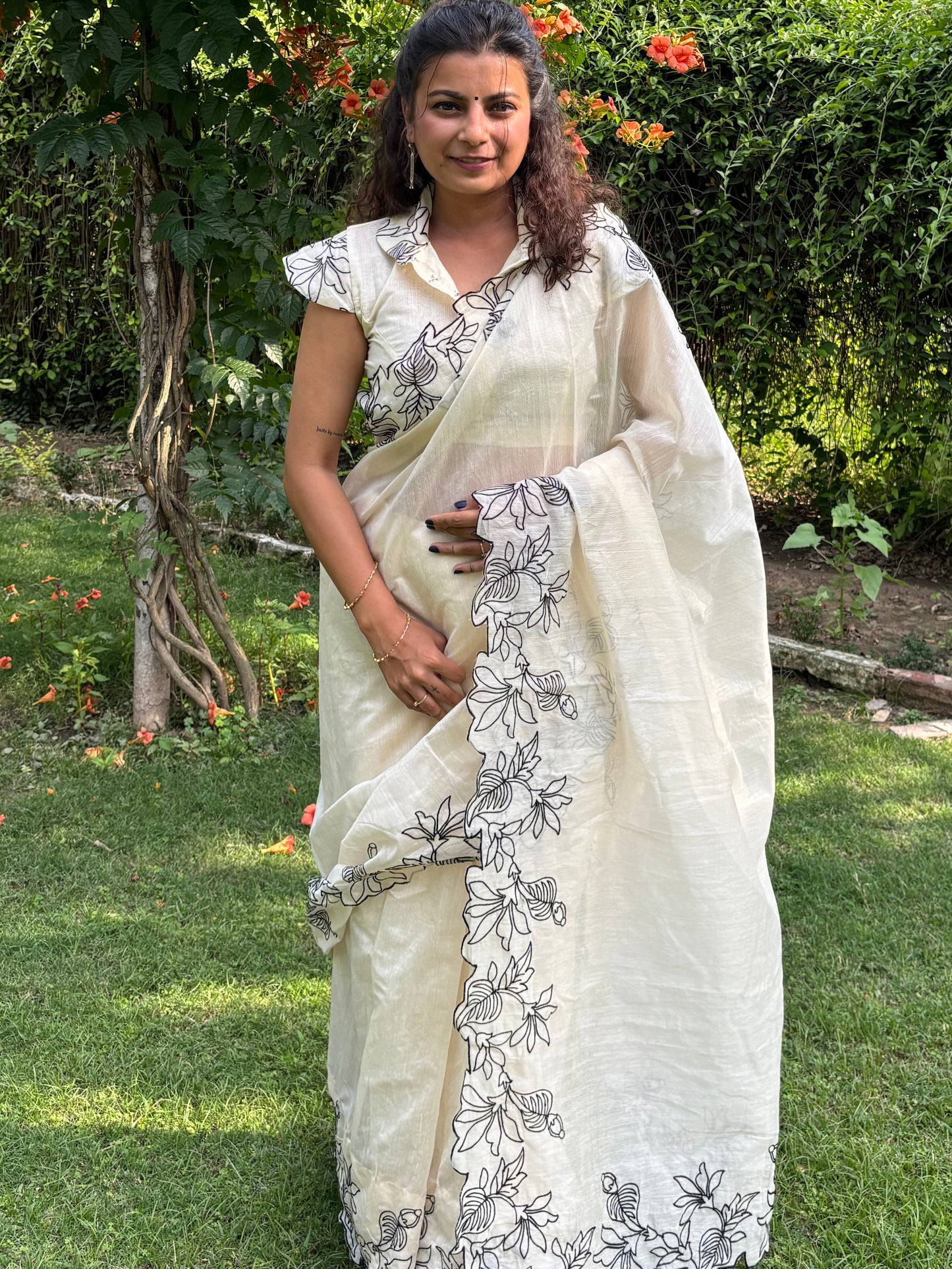 Creamy Pie Cotton Chanderi Embroidered Saree