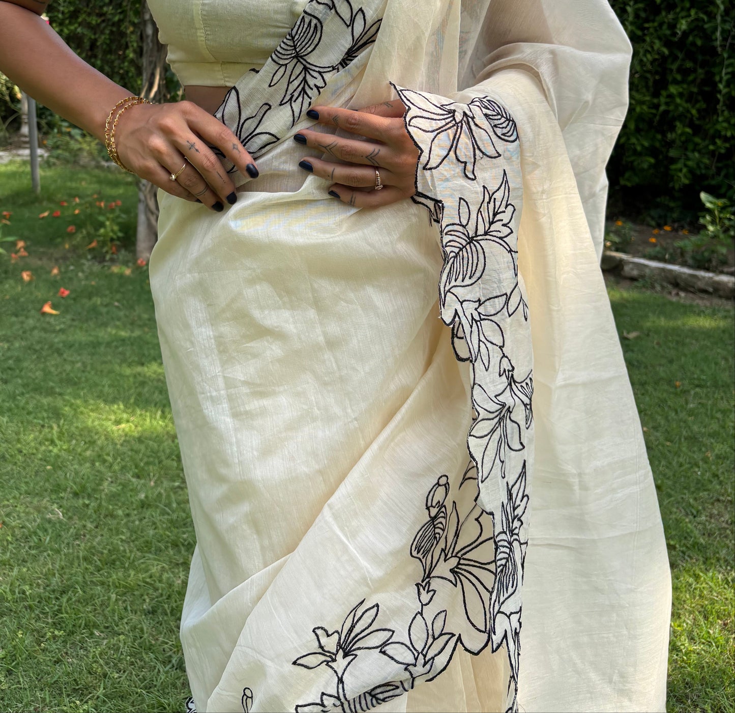 Creamy Pie Cotton Chanderi Embroidered Saree
