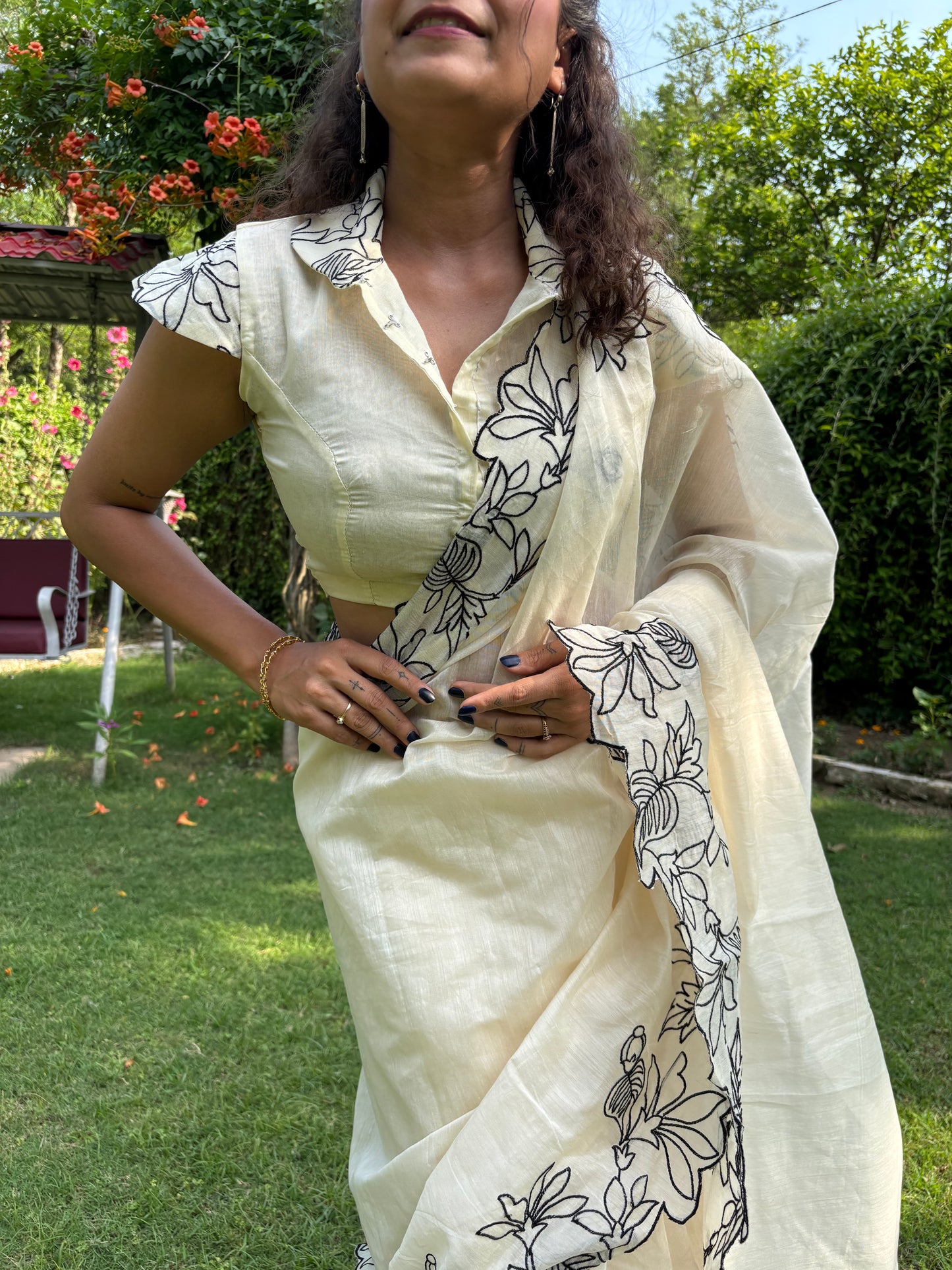 Creamy Pie Cotton Chanderi Embroidered Saree