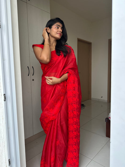 Taniya Cutwork Red Saree