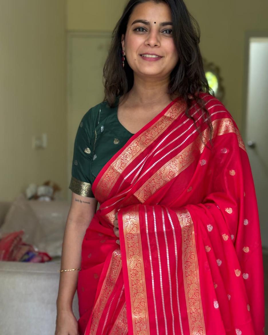 Strawberry Banarsi Crepe Saree