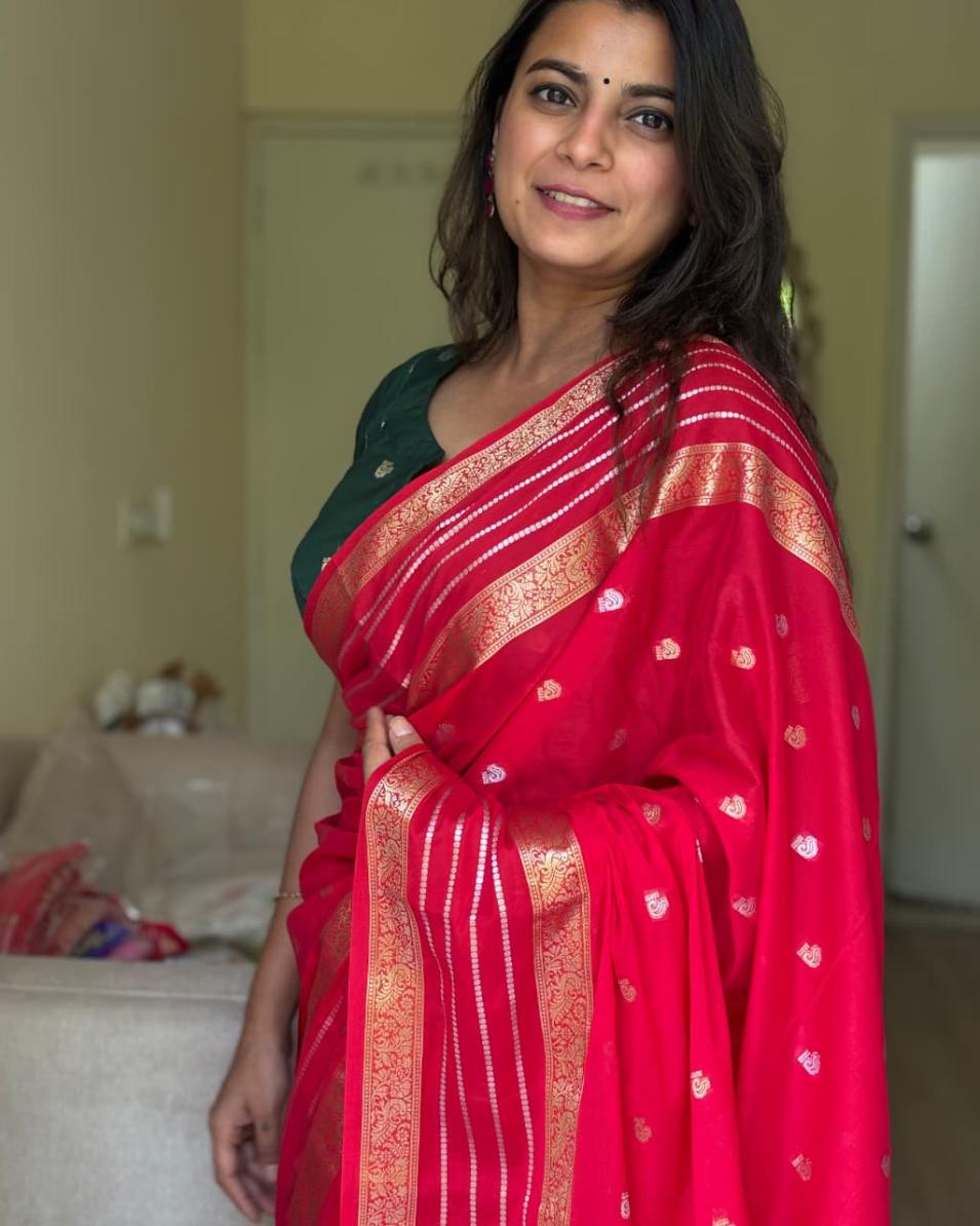 Strawberry Banarsi Crepe Saree