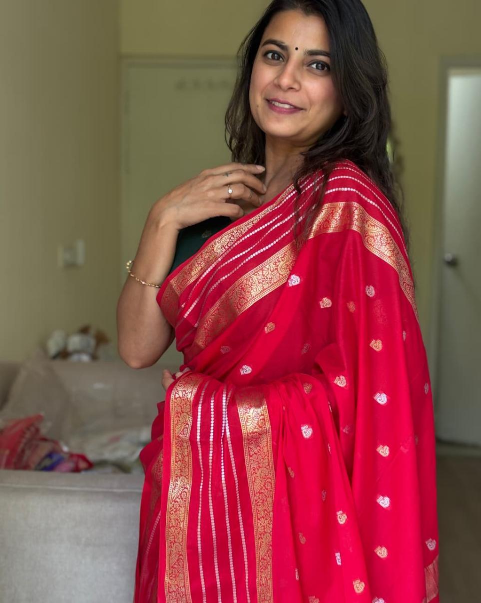 Strawberry Banarsi Crepe Saree
